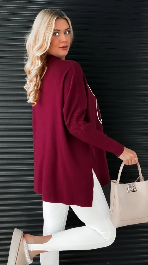 Sweter tunika z półgolfem i artystycznym kwiatem ONE SIZE bordo - R332A