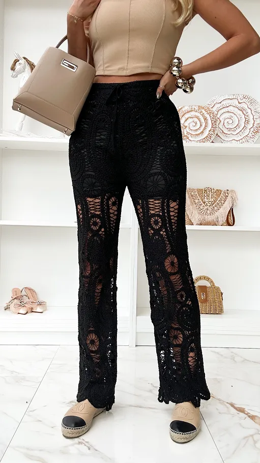 Szydełkowe bawełniane spodnie one size CZARNE - P684A