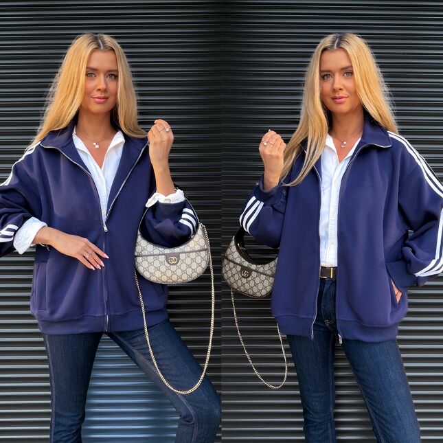 Klasyczna granatowa bluza na zamek z białymi pasami ONE SIZE - S476