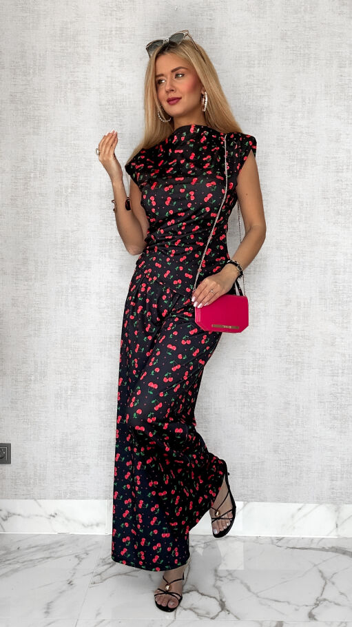 Komplet w wisienki z asymetryczną bluzką i spodniami ONE SIZE - P721A