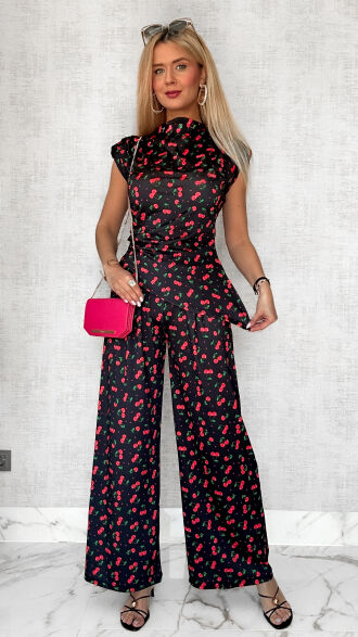 Komplet w wisienki z asymetryczną bluzką i spodniami ONE SIZE - P721A