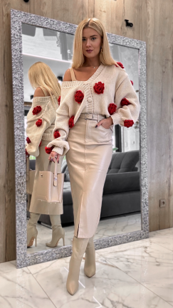 Modowa beżowa spódnica z EKO skóry z paskiem - P191A