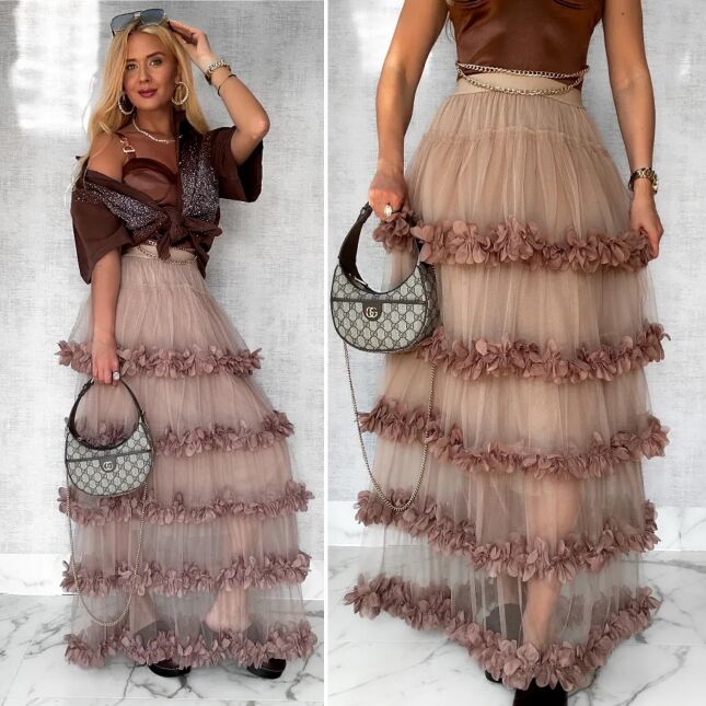 Modna długa spódnica tiulowa z kwiatuszkami ONE SIZE mocca - P573B