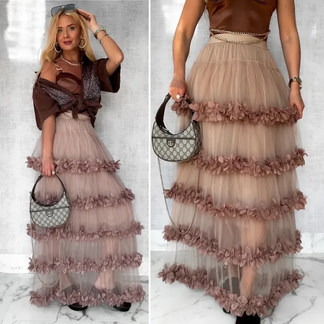 Modna długa spódnica tiulowa z kwiatuszkami ONE SIZE mocca - P573B