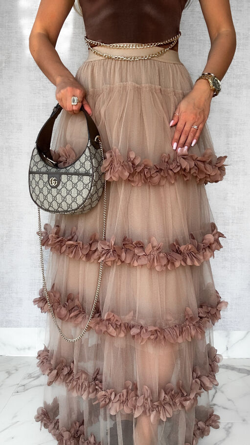 Modna długa spódnica tiulowa z kwiatuszkami ONE SIZE mocca - P573B