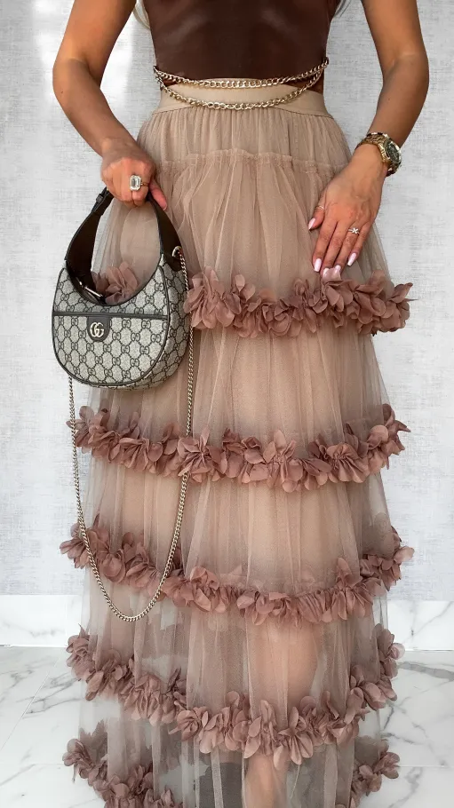 Modna długa spódnica tiulowa z kwiatuszkami ONE SIZE mocca - P573B