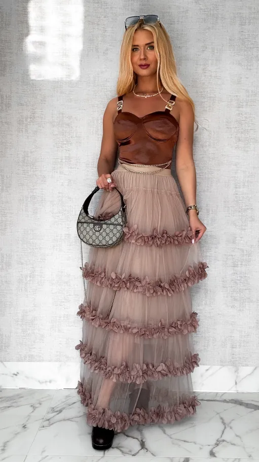 Modna długa spódnica tiulowa z kwiatuszkami ONE SIZE mocca - P573B