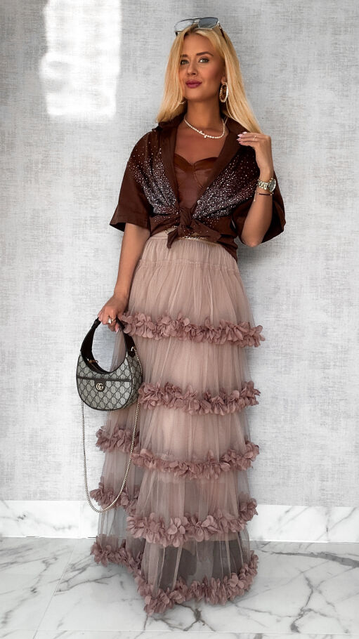 Modna długa spódnica tiulowa z kwiatuszkami ONE SIZE mocca - P573B