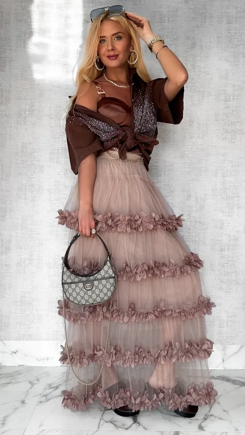 Modna długa spódnica tiulowa z kwiatuszkami ONE SIZE mocca - P573B