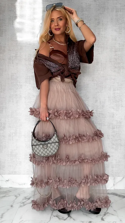 Modna długa spódnica tiulowa z kwiatuszkami ONE SIZE mocca - P573B