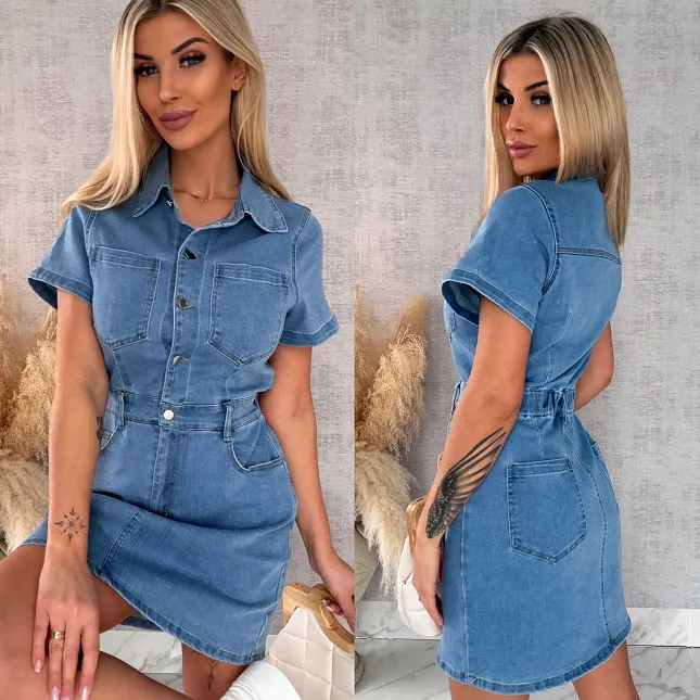 Elastyczna jeansowa sukienka z butonami BLUE JEANS - R605
