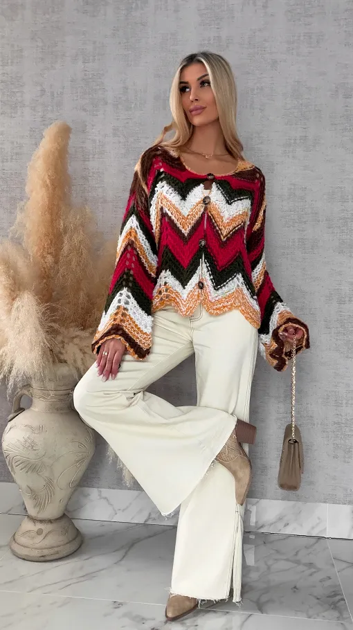 Oryginalny wiosenny sweter z modnymi rękawkami RED one size - R699