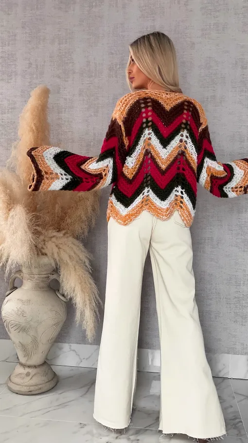 Oryginalny wiosenny sweter z modnymi rękawkami RED one size - R699