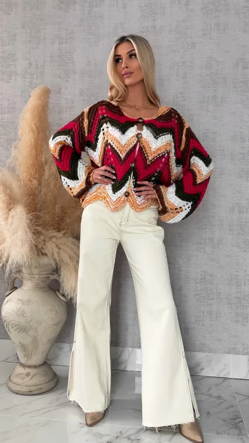 Oryginalny wiosenny sweter z modnymi rękawkami RED one size - R699