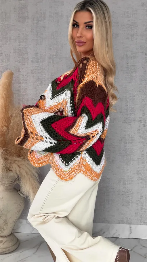 Oryginalny wiosenny sweter z modnymi rękawkami RED one size - R699