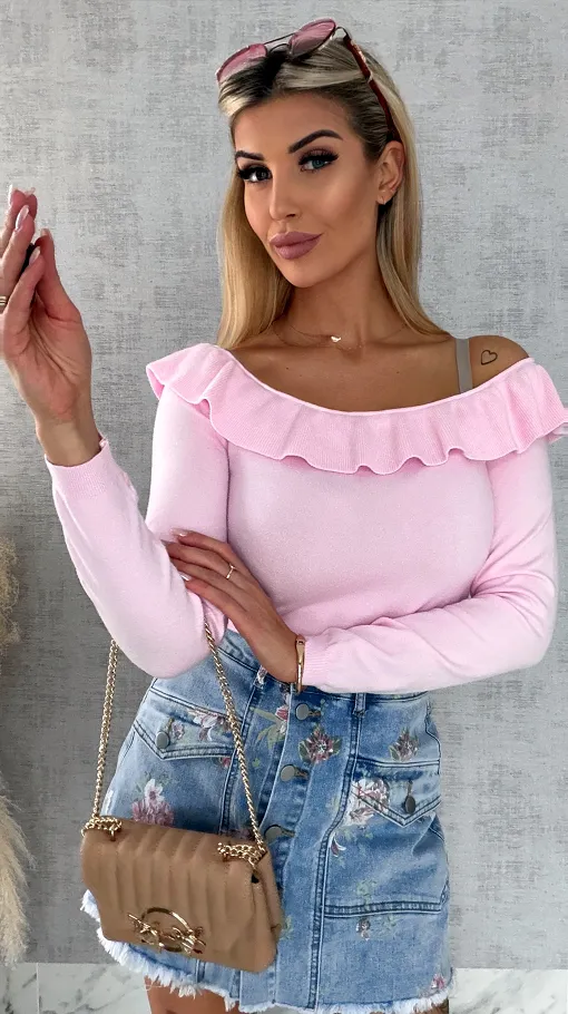 Mięciutki lekki sweter z wiskozy z falbanką JASNY RÓŻ one size - R649B