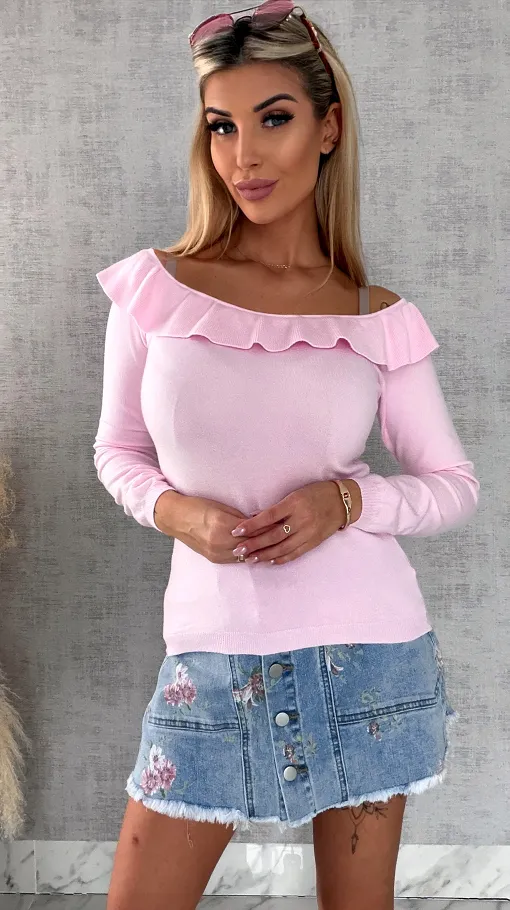 Mięciutki lekki sweter z wiskozy z falbanką JASNY RÓŻ one size - R649B