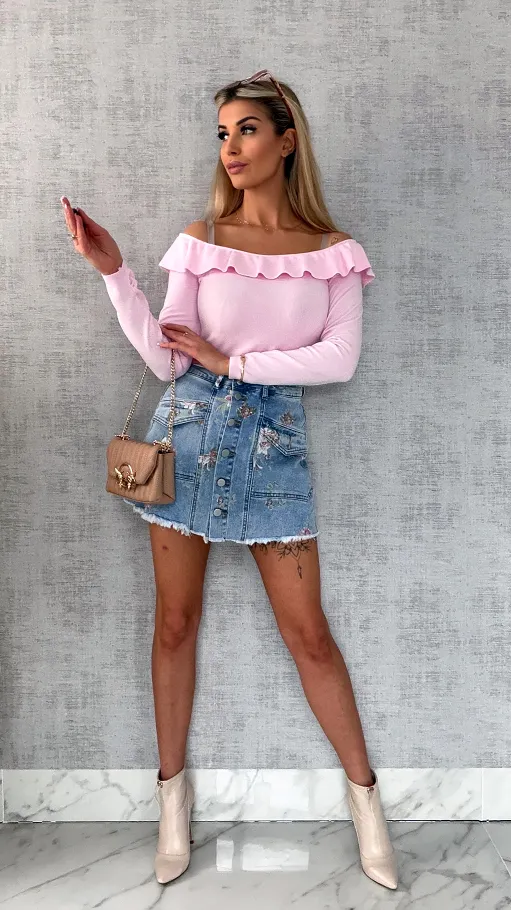 Mięciutki lekki sweter z wiskozy z falbanką JASNY RÓŻ one size - R649B