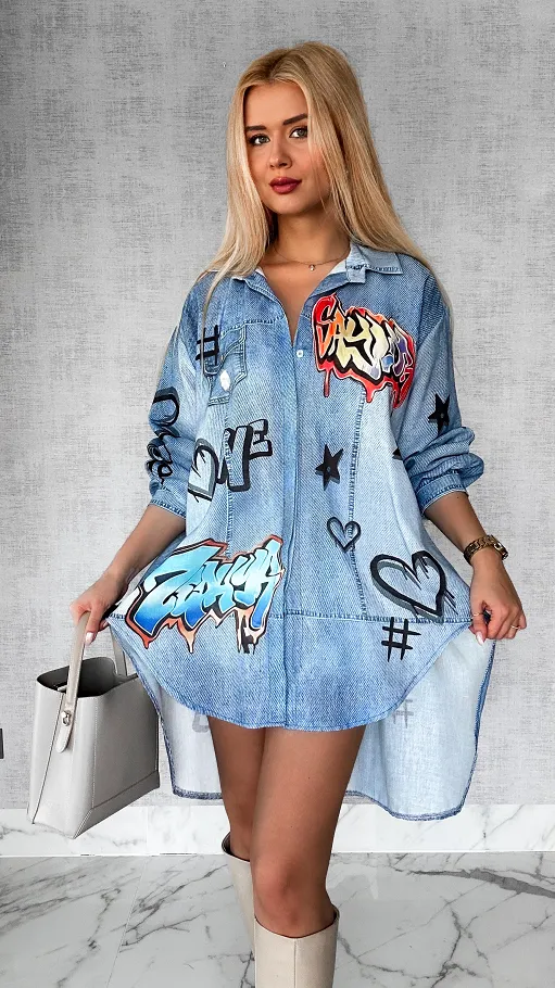 Długa asymetryczna koszula z lnu OVERSIZE z kolorową damą - P327