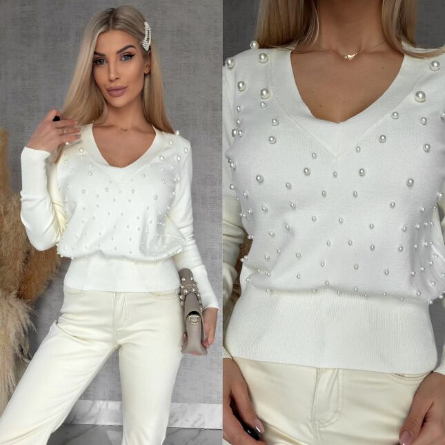 Elegancki sweter ECRU z perłami ONE SIZE wiskoza - R652
