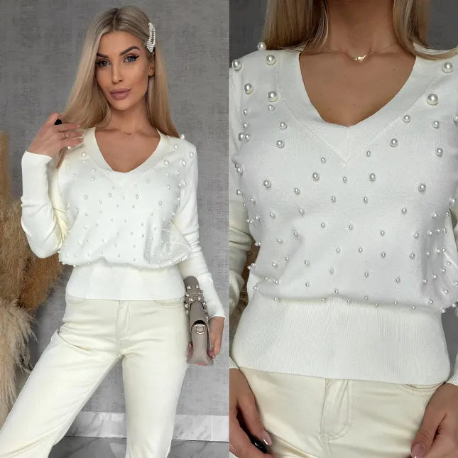 Elegancki sweter ECRU z perłami ONE SIZE wiskoza - R652