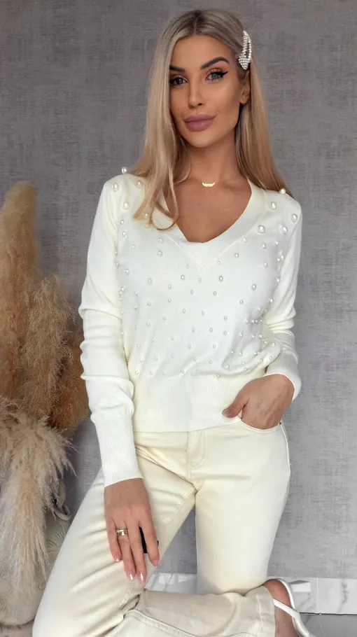 Elegancki sweter ECRU z perłami ONE SIZE wiskoza - R652