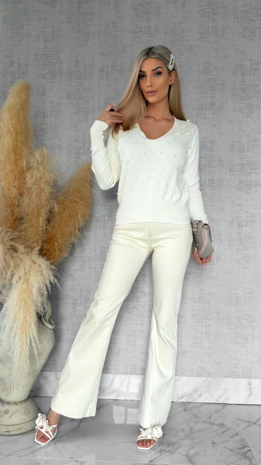 Elegancki sweter ECRU z perłami ONE SIZE wiskoza - R652