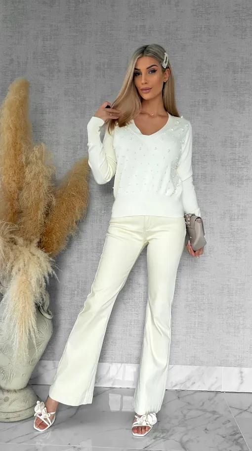 Elegancki sweter ECRU z perłami ONE SIZE wiskoza - R652