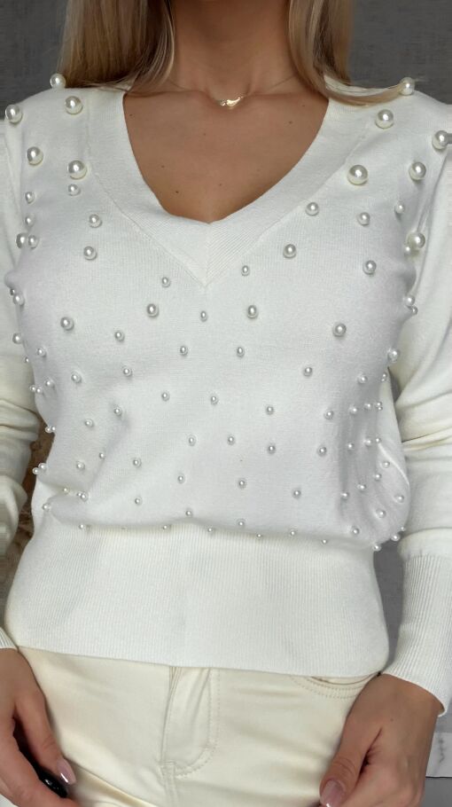 Elegancki sweter ECRU z perłami ONE SIZE wiskoza - R652
