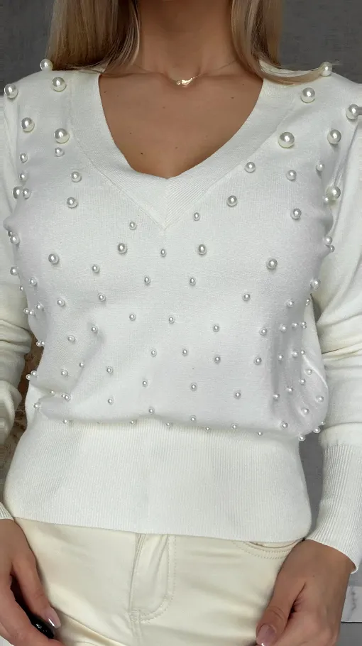 Elegancki sweter ECRU z perłami ONE SIZE wiskoza - R652