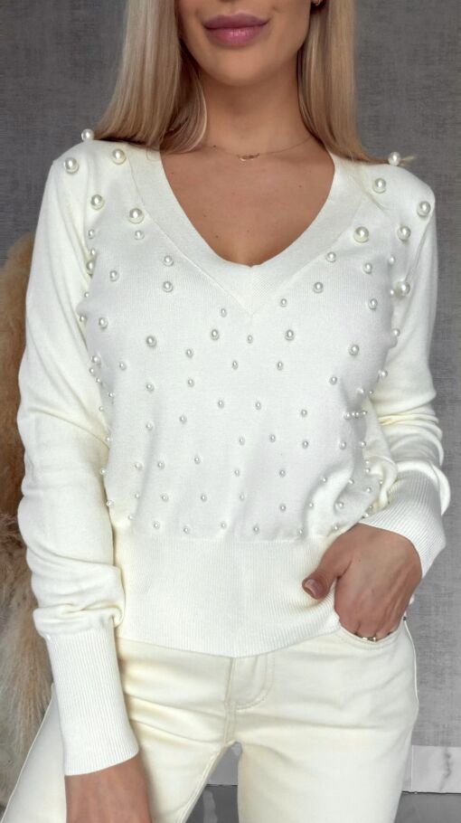 Elegancki sweter ECRU z perłami ONE SIZE wiskoza - R652