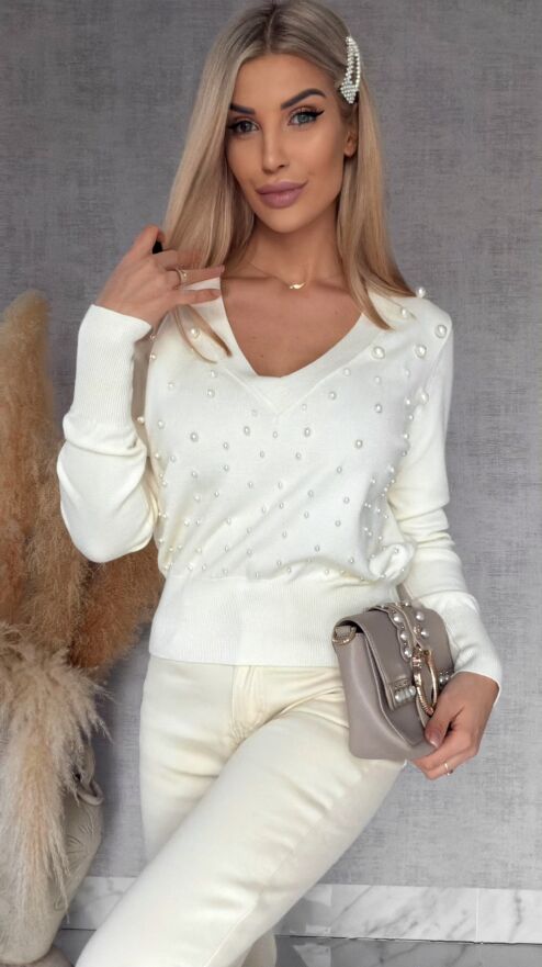 Elegancki sweter ECRU z perłami ONE SIZE wiskoza - R652