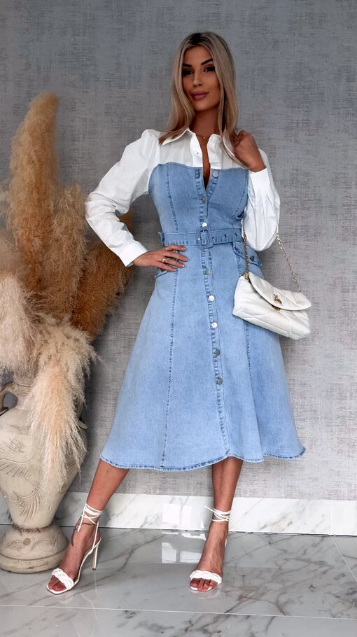 Elastyczna sukienka jeansowa MIDI z modną białą wstawką BLUE JEANS  - R737