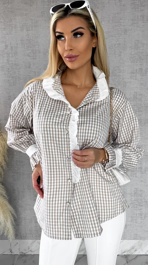 Super modna beżowa koszula w kratkę VICHY one size - R441
