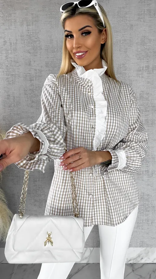 Super modna beżowa koszula w kratkę VICHY one size - R441