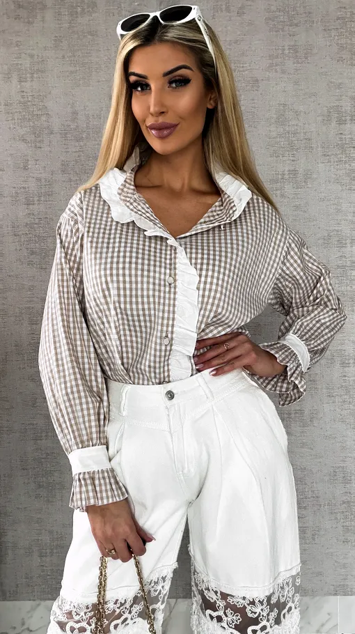 Super modna beżowa koszula w kratkę VICHY one size - R441