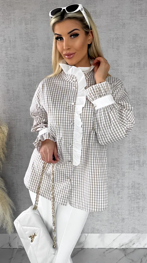 Super modna beżowa koszula w kratkę VICHY one size - R441