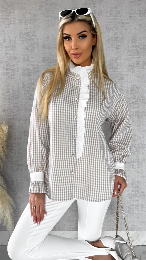 Super modna beżowa koszula w kratkę VICHY one size - R441