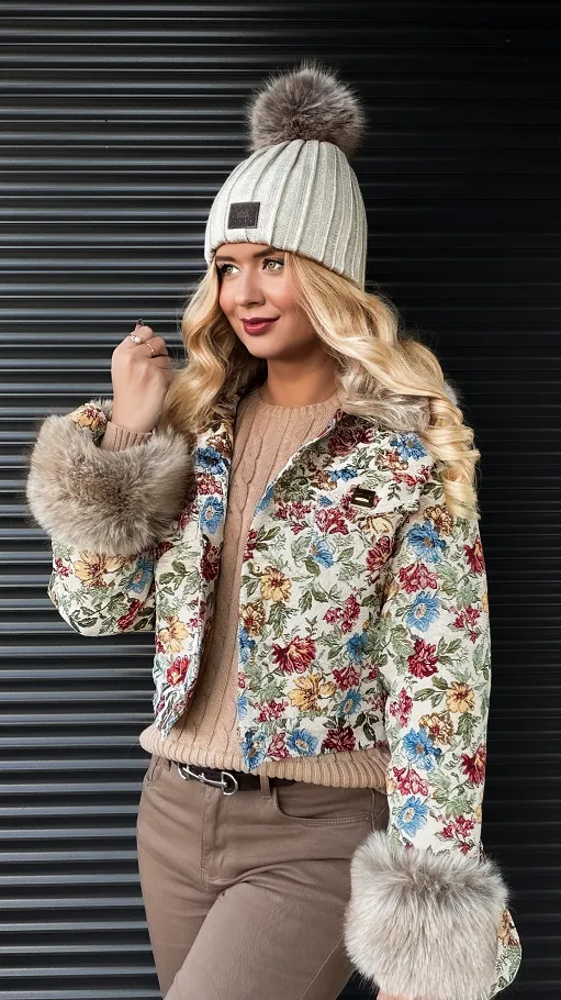 Premium kurtka haftowana w kolorowe kwiaty z futerkiem BEŻOWA - R308