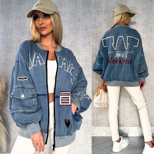 Luźna katana jeansowa w stylu bomberka oversize BLUE JEANS - R594