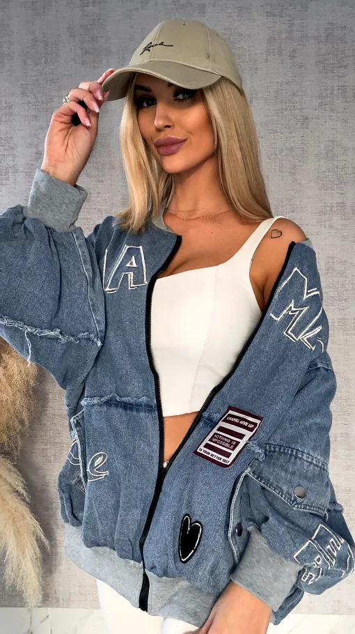 Luźna katana jeansowa w stylu bomberka oversize BLUE JEANS - R594