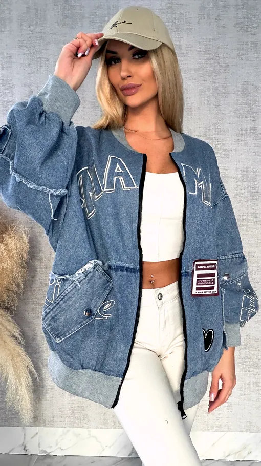Luźna katana jeansowa w stylu bomberka oversize BLUE JEANS - R594