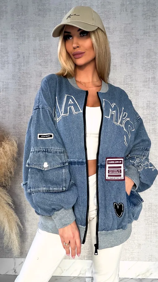 Luźna katana jeansowa w stylu bomberka oversize BLUE JEANS - R594