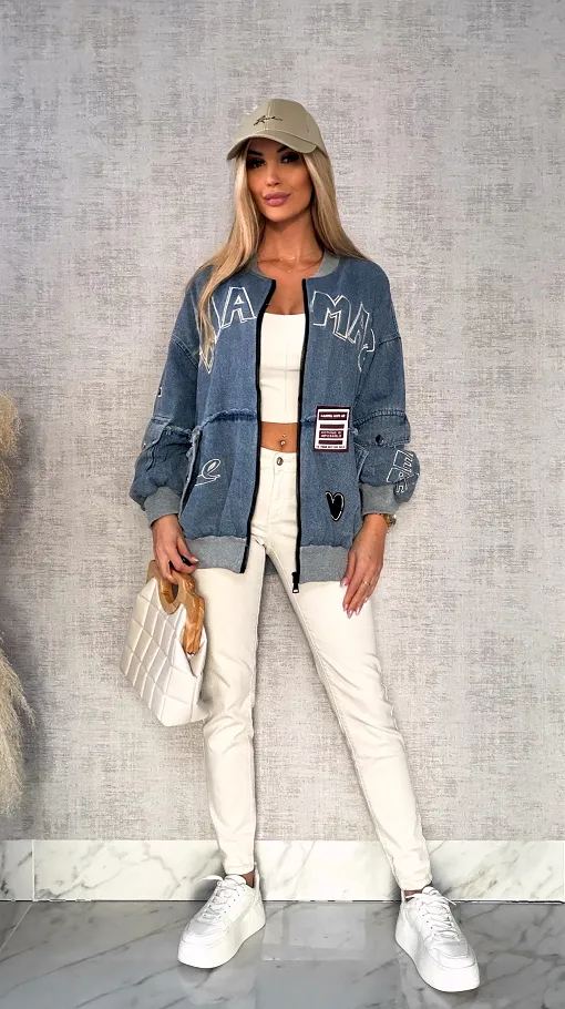 Luźna katana jeansowa w stylu bomberka oversize BLUE JEANS - R594