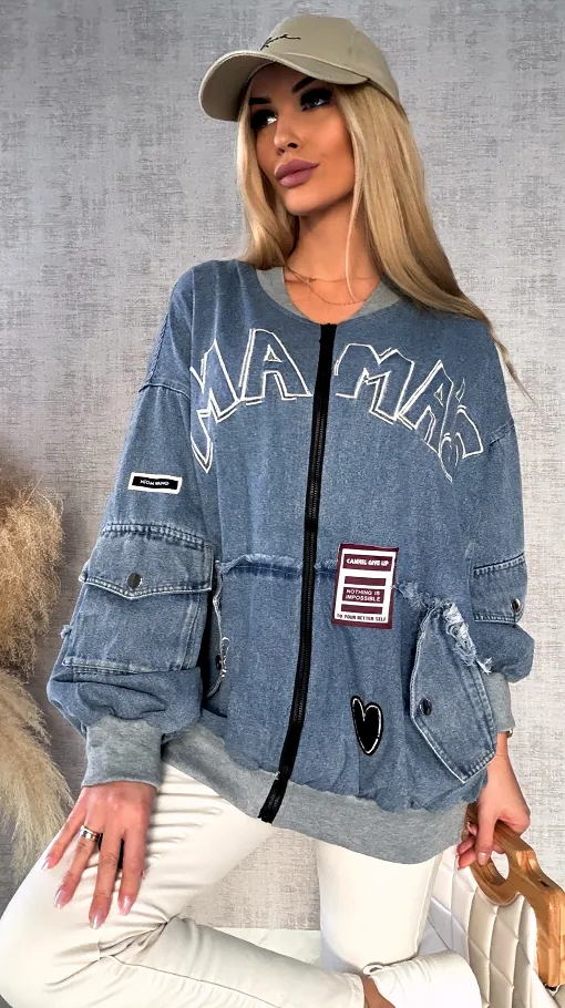 Luźna katana jeansowa w stylu bomberka oversize BLUE JEANS - R594