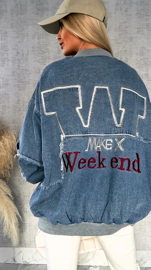 Luźna katana jeansowa w stylu bomberka oversize BLUE JEANS - R594