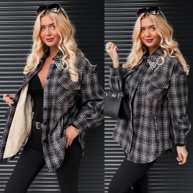 Bawełniana PREMIUM koszula w kratkę ocieplana futerkiem - R261