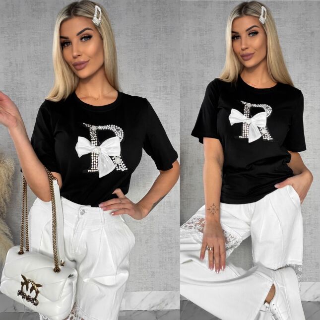 Czarna bluzka T-SHIRT bogato zdobiona perełkami i cyrkoniami - R508B