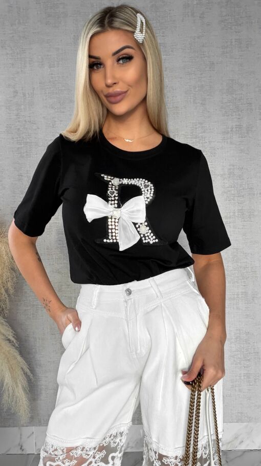 Czarna bluzka T-SHIRT bogato zdobiona perełkami i cyrkoniami - R508B