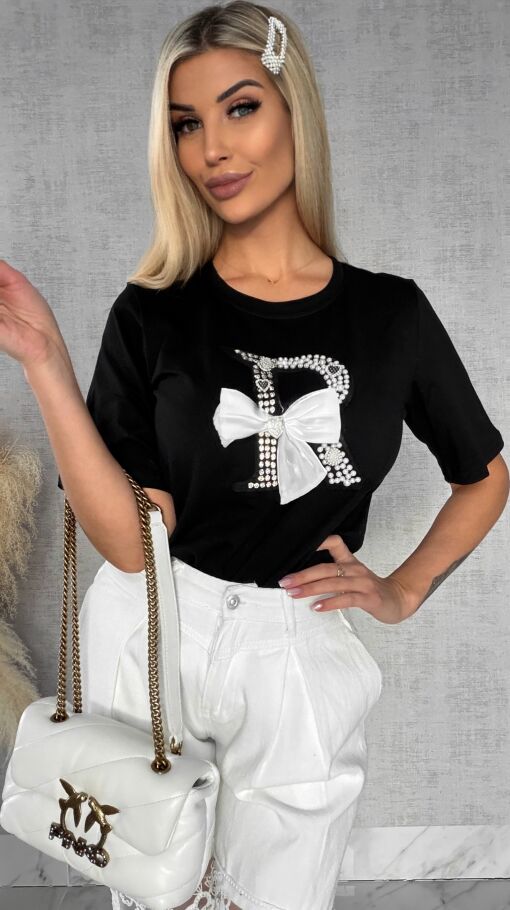 Czarna bluzka T-SHIRT bogato zdobiona perełkami i cyrkoniami - R508B